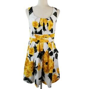 Corey P Yellow White Black Floral Pleated Sleeveless V Neck Pleated Dress Size 8